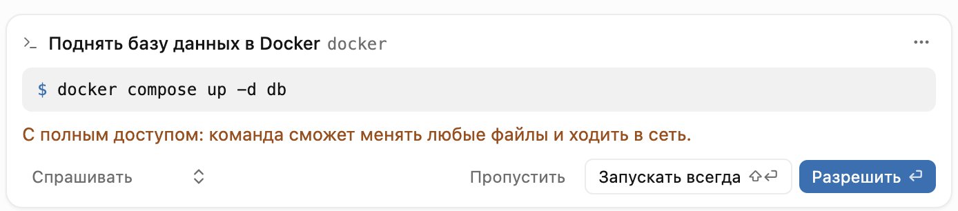 Карточка разрешения на команду с полным доступом и кнопками «Разрешить», «Запускать всегда» и «Пропустить»